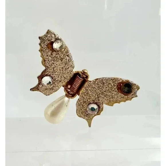 Vintage Sparkle Butterfly Pearl Embellished Brooch Pin - Picture 4 of 10